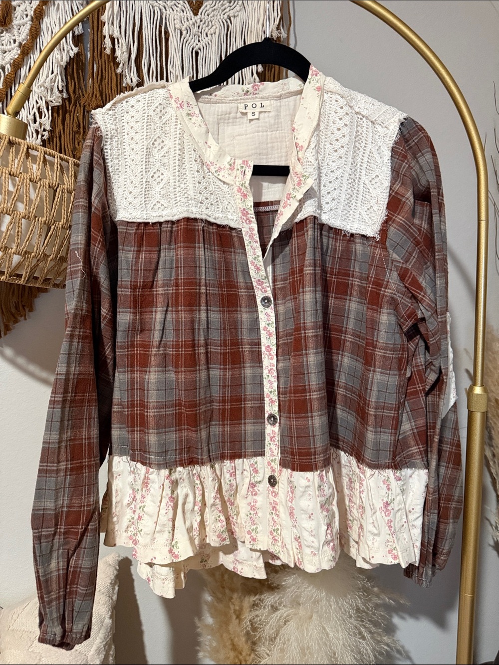 POL Plaid Button-Front Blouse with Floral Trim — Rust & Gray